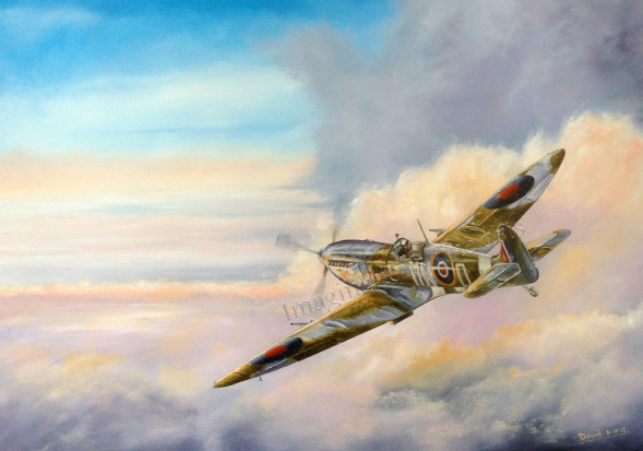 Original oil painting of Spitfire named Spitfire on Lone Patrol. By the artist David Huttonone Pat