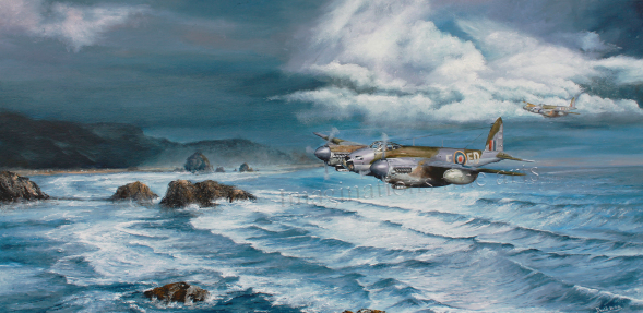 Fast and low. A original oil painting by the artist David Hutton. Shows Mosquito aircraft flying fast above the waves