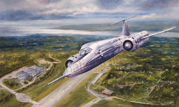 Imaginations fine arts. Bristol 188 over Barbizon hanger and runway. Double mounted Giclee print by the artist David Hutton